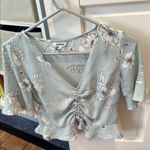 Express Light Green Embroidered Flutter Sleeve Blouse